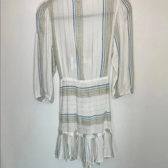 Elan White Striped Plunge V-Neck Tie-Front Puff Sleeve Dress Size Medium - Picture 3 of 5